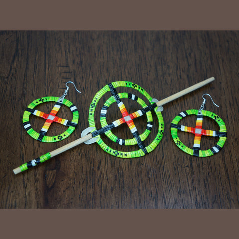 Red Cloud Quillwork - Hairclip & Earrings Set - Green