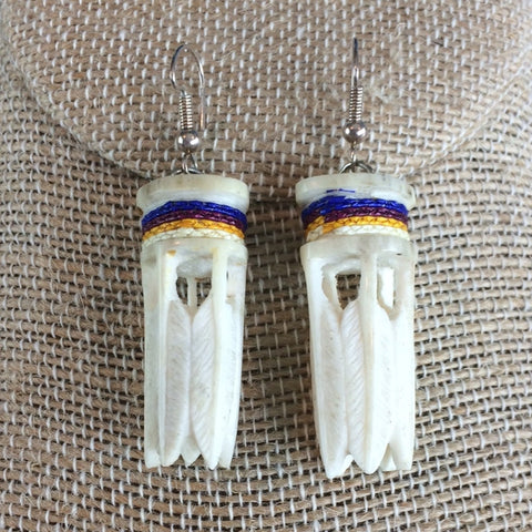 Carved Antler Feather Column Earrings Quilled Authentic Museum Quality